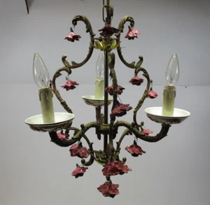 VTG Brass Applied Flowers Pink Roses Chandelier Hanging Swag 3 Lamp Light Italy - Picture 1 of 18