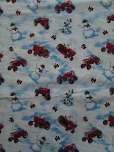 Vintage Tractors Farmall Winter Scene Snowmen Trees Red Tractor Cotton Fabric FQ - Picture 1 of 5