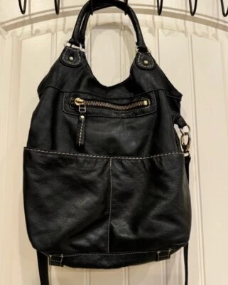 Roots Black Pebble Leather Lauren Tote Bag w Cross Body Strap. 14.5” x 14” x 3” - Image 1 of 4