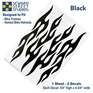 Set of 4 Black Flame Bike Decals, Retro Fire Bicycle Helmet Stickers Kit #876 - Picture 1 of 3