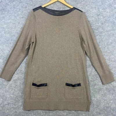 Jeanne Pierre Tunic Sweater Dress Sz L Brown Black Faux Leather Trim Lagenlook Foto 1 de 4