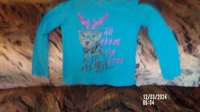 Nuevo Top Total Niña Manga Larga CAMISETA XL 16 AQUA Turquesa Bling Cachorro Perro Cuernos Foto 1 de 4