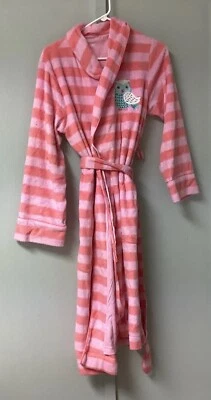 Nick & Nora Fleece Bath Robe Tie Belt Size XS/S Owl Coral Striped Long Sleeve - Image 1 of 4