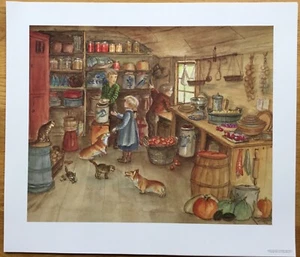 As NEW RARE Vintage 1996 Tasha Tudor MINT Print called Harvest Pantry with Corgi - Imagen 1 de 6