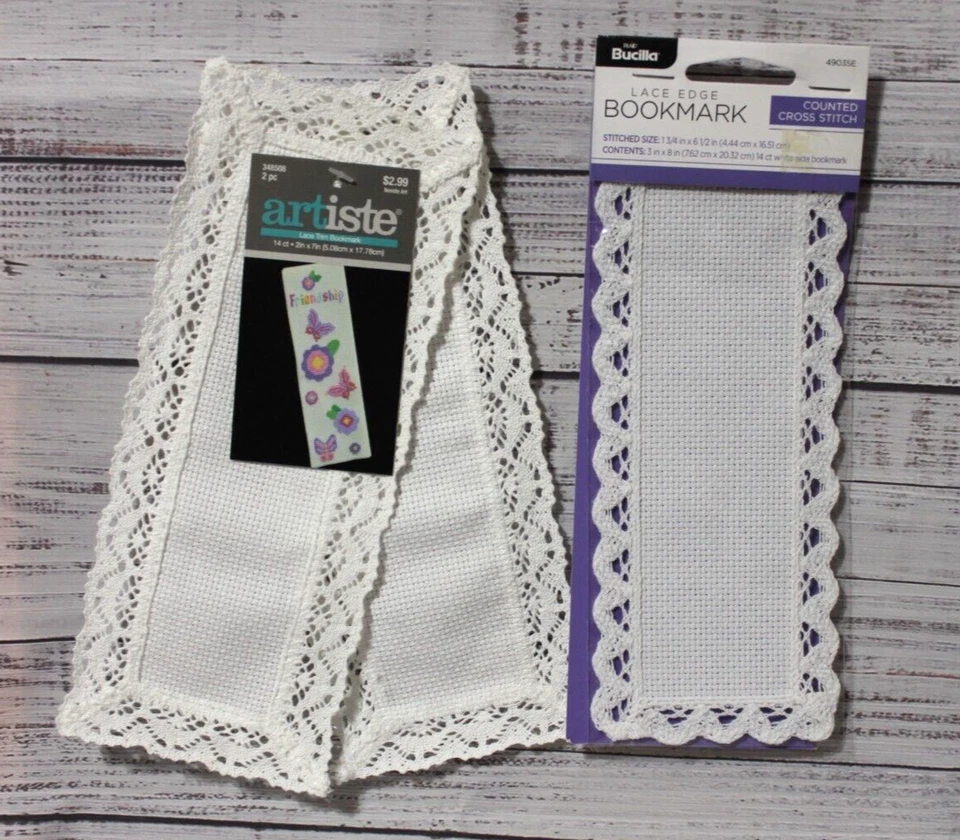 THREE White lace trimmed 14 count BOOK MARKS Bucilla Artiste NIP - Image 1 of 1
