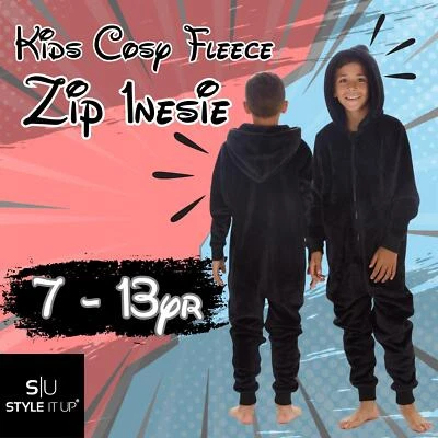 STYLE IT UP Boys Girls Black Fleece Soft 1Onesie One Piece Pyjamas Warm Nightwear Jumpsuit