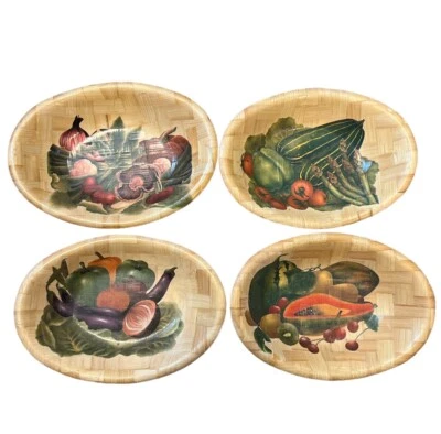 4 Vintage Bamboo Woven Vegetable Print Fruit/Vegetable/Salad Bowls - Image 1 of 4