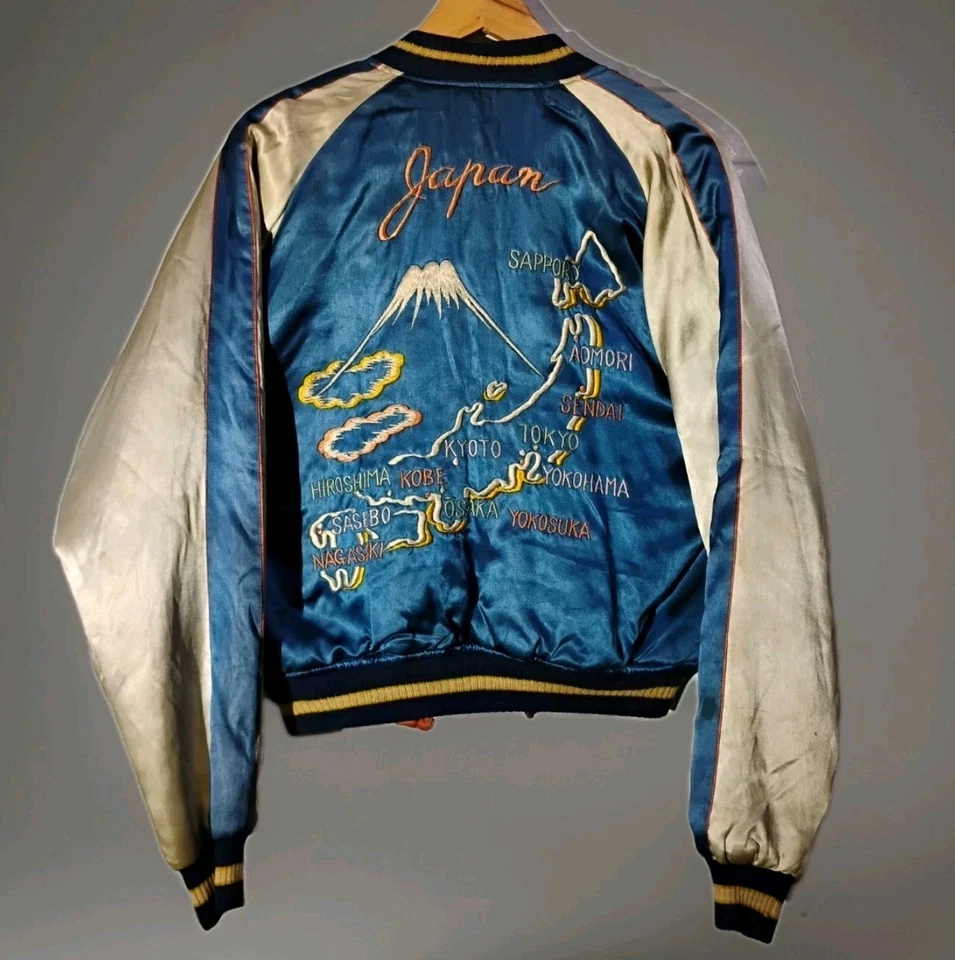 Vintage Sukajan Souvenir Jacket Tiger Hawk Reversible Blue Pink Japan 40s 50s - Image 1 of 4
