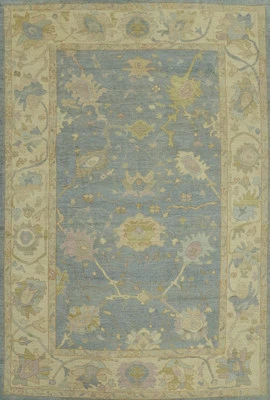 Transitional Oushak Turkish Area Rug 9x12 Vegetable Dye Blue Wool Carpet - Image 1 of 4