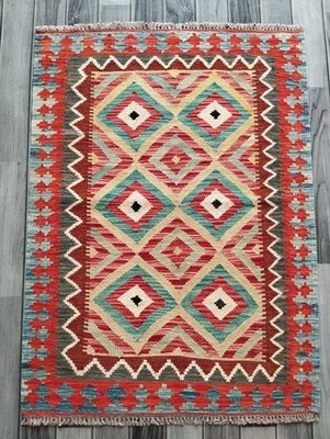 Chalk Handmade Afghan/Turkish Kilim Rug, Aztec Wool Area Rug, Size 112x82 CM - Image 1 of 4