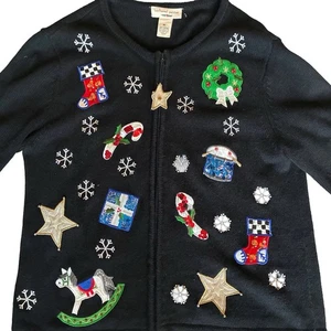 Suéter Vintage Bechamel Petites Navidad Talla L Negro Cremallera “Suéter Abuela” - Imagen 1 de 3