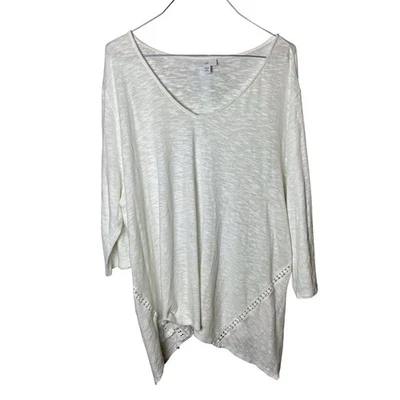 J. Jill Women’s 3X Linen Cotton Blend White Top V Neck Eyelet Asymmetrical Hem - Image 1 of 4