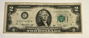 1976 2 Dollar Bill, Low Serial Number, C Series, Misaligned Seal - Picture 1 of 4