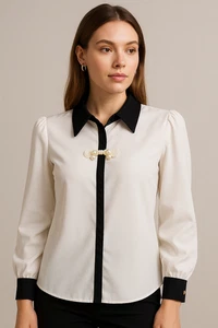 Blusa blanca para mujer cuello negro detalle perla-elegante camisa de manga larga para trabajo - Imagen 1 de 6