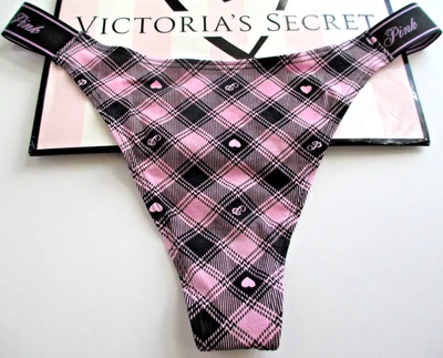 VICTORIA'S SECRET PINK Cotton Logo High Leg Thong Panty VS Pink Plaid S M L XL - Image 1 of 4