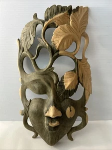 Hibiscus Wood Hand Carved Mask Two Tone Woman Face Mask 16” X 9” - Picture 1 of 8