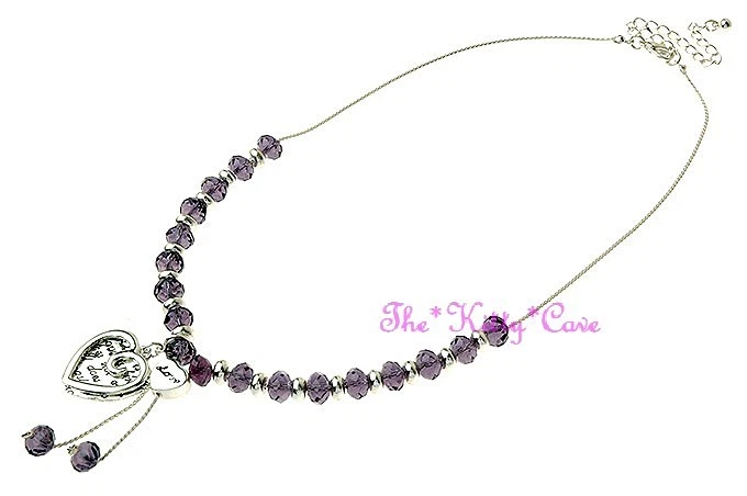 Purple Czech Glass Bead Silver Vintage Script Scroll Heart Charm Tassel Necklace — 第 1/1 张图片