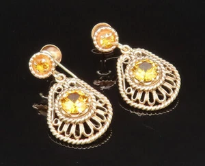 14K GOLD Vintage Victorian Lime Yellow Stone Screw Back Dangle Earrings GE174 - Picture 1 of 6