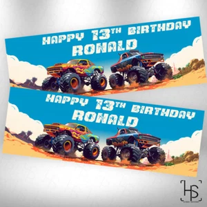 Monster Truck D1 Banner Fun Theme Personalised Birthday Party Kids Boys Girl - Picture 1 of 2