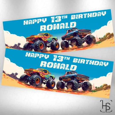 Monster Truck D1 Banner  Fun Theme Personalised Birthday Party Kids Boys Girl - Image 1 of 2