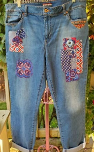 Vintage Upcycled Patched Designer Taglia 16 Jeans Boro Patch Ricamo cucito a mano - Foto 1 di 18