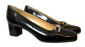 Ann Taylor Black Leather Classic Pumps Silver Chainlink Made in Italy 11 M - Picture 1 of 6