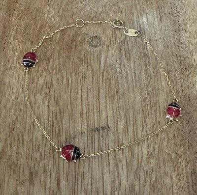 Bracelet Porte Bonheur Coccinelles émail Rouge 18CM En Or 9 CARATS 375/1000 - Photo 1/4