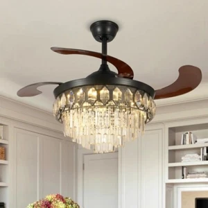 42" Black Crystal Chandelier Ceiling Fan LED Light 3-Color Retractable Fandelier - Picture 1 of 11