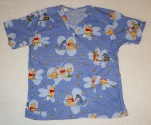 DISNEY Scrub Top, Blue WINNIE THE POOH, Piglet Eeyore, V-Neck, 2 Pockets, Large - Picture 1 of 7