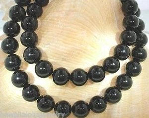 12MM ONE-STRAND GENUINE BLACK CORAL ROUND BEAD YELLOW GOLD PLATED NECKLACE 18" - Picture 1 of 6