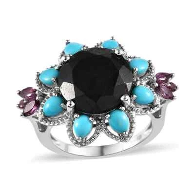 Anillo de cóctel enchapado en platino de turmalina negra, SBT y rodolita de 8,15 quilates talla 7 Foto 1 de 4