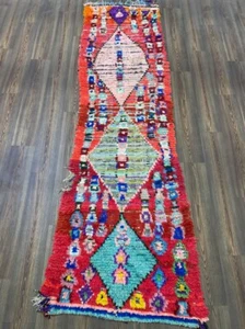 Moroccan Handmade Rug Vintage 3'2x10'1 Geometric Berber Red Pink Cotton Carpet - Picture 1 of 12