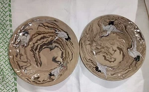 Set Of 2 Banko Ware Agate Clay Three Cranes Enamelled Plates 14cm Diameter - Picture 1 of 10