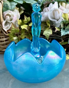 VHTF Fenton***CELESTE BLUE STRETCH BOWL W/NYMPH & FLOWER FROG***95th Ann. - Picture 1 of 16