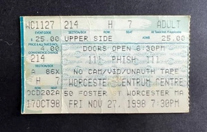 Biglietto concerto Phish 1998 Stub 27/11/98 Worcester Centrum Center, Worcester MA. - Foto 1 di 1