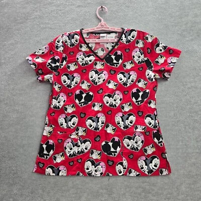 Disney Women Scrub Top Medium Red Mickey Minnie Mouse Heart Kiss Me Shirt - Image 1 of 4
