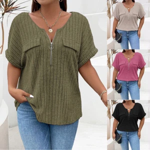Frauen V-Ausschnitt Sommer Damen T-Shirt Bluse Kurzarm Tops Reißverschluss < - Bild 1 von 16
