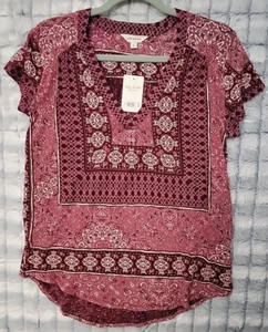 Lucky Brand Red Handkerchief V-neck Cap Sleeve Blouse Women's Small Boho Top - Picture 1 of 2