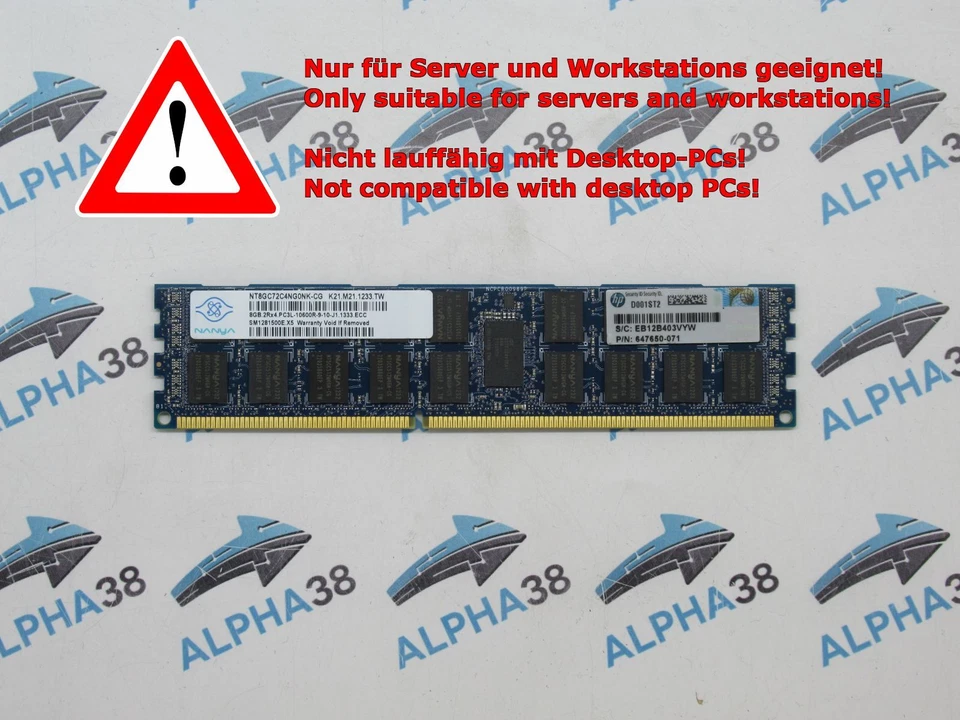 1X 8 GB DDR3-1333 MHz NANYA NT8GC72C4NG0NK-CG RAM Reg ECC Server Memoria - Immagine 1 di 1