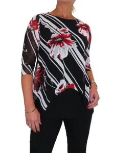 Blusa para damas cuello redondo estampado floral malla superpuesta superior negra roja 10-22 - Imagen 1 de 4