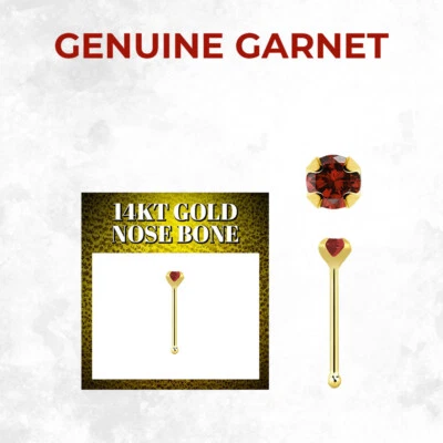 14K Solid Gold 22G Prong Set Top 2mm Precious Gems 6mm Nose Bone Ring Stud - Image 1 of 4