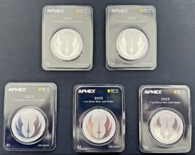 5 monedas Niue 2023 1 oz plata $2 Star Wars Jedi Order MD® Premier PCGS FS Foto 1 de 4