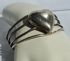 Vintage Sterling Silver Puffy Heart Cuff Bracelet Mexico TC-105 28.3g - Picture 1 of 1