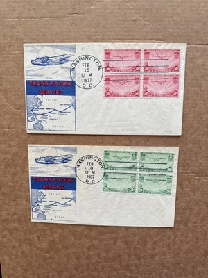 US 1935 FDC +China Clipper BLK4 #C21-22 +Acorn Trans-Pacific Cachet +2 FDCs - Image 1 of 2