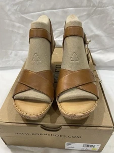 NEW BORN Womens Alaina Criss-Cross Leather/Cork Platform Wedge Sandal US 9 Tan - Picture 1 of 6