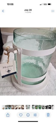 Candelabro linterna náutica huracán vidrio azul agua metal blanco Foto 1 de 2