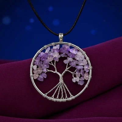 Collar Árbol de la Vida Cristales Amatista Genuinos Plateado Dije Boho Chic Foto 1 de 4