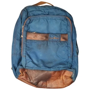 Vintage 90s LL Bean Backpack Nylon Leather Bottom Book Bag Knapsack - Picture 1 of 9