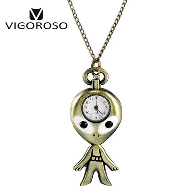 Vintage Pocket Watch Penguin Alien Shape Necklace Bronze Analog Chain Watches - Image 1 of 4