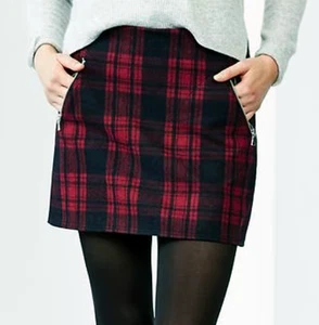 Gap Skirt Womens 14 Red Black Plaid Mini Wool Zip Pocket Academia Grunge Rock - Picture 1 of 11
